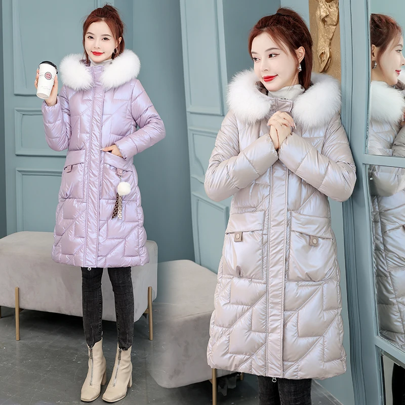 2022 New Winter Thick Jacket Long Down Parka Jacket Women Bright Waterproof Overcoat Loose Warm Cotton Coat Winter Hooded Parka