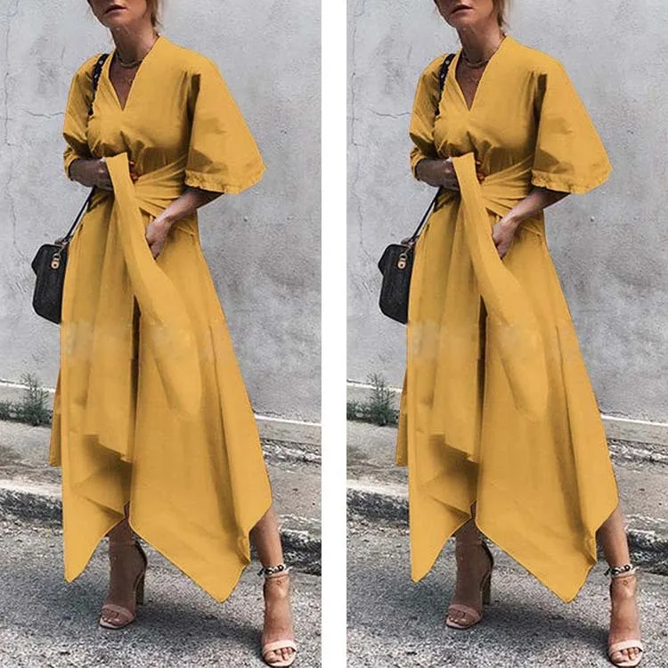 

2021 Summer Women Fashion Short Sleeve High Waist Dress Vintage Long Maxi Dress Female Sexy V Neck Asymmetrical Party Vestidos