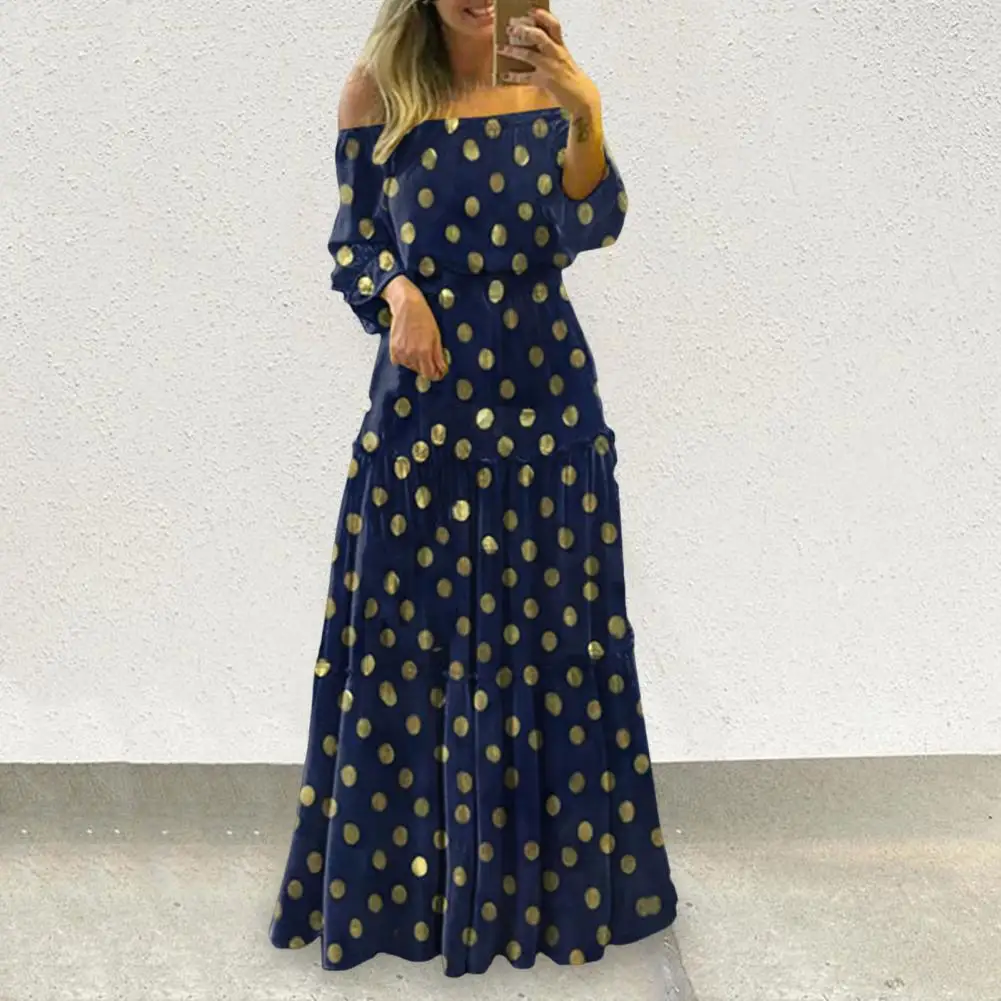 

Women Dress Puff Long Sleeve Soft A-Line Women Off Shoulder Dot Stamping Printed Boho Long Dress Autumn Dress Streetwear