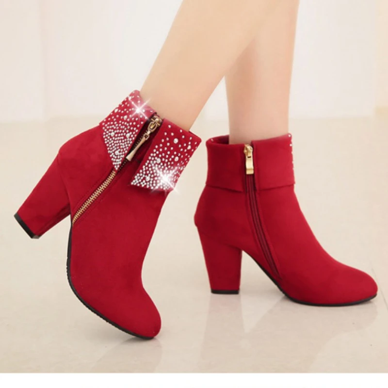 

2023 Autumn/Winter New Fashion Rhinestone Thick Heel Short Boots Side Zipper High Heel Women Boots Black Martin Boots 34-43
