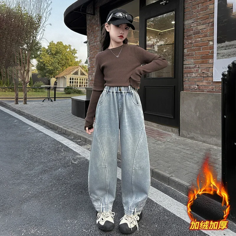 Флисовые джинсовые брюки Wram для девочек осенне-зимние новые детские свободные