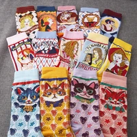 illustration cartoon socks 4 pairs ab women literature art plaid retro cat cute kawaii soft socks set ins tide christmas gift