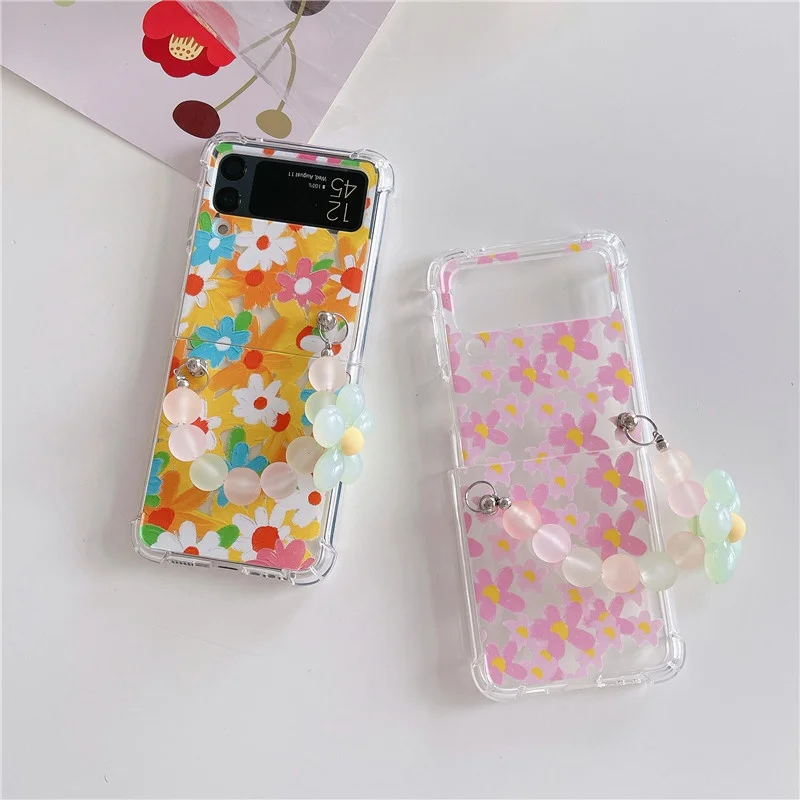 

Fashion Flower Painting Phone Case For Samsung Galaxy Z Flip 3 Hard Cover Cute Wrist Strap Bracelet Cases For Z Flip3 5G