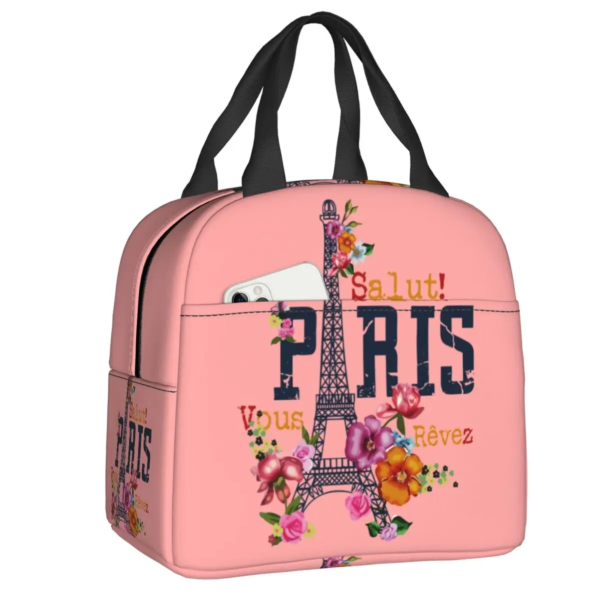 

Romantic Paris Floral Eiffel Tower Insulated Lunch Bags for Women Resuable Thermal Cooler Food Lunch Box School