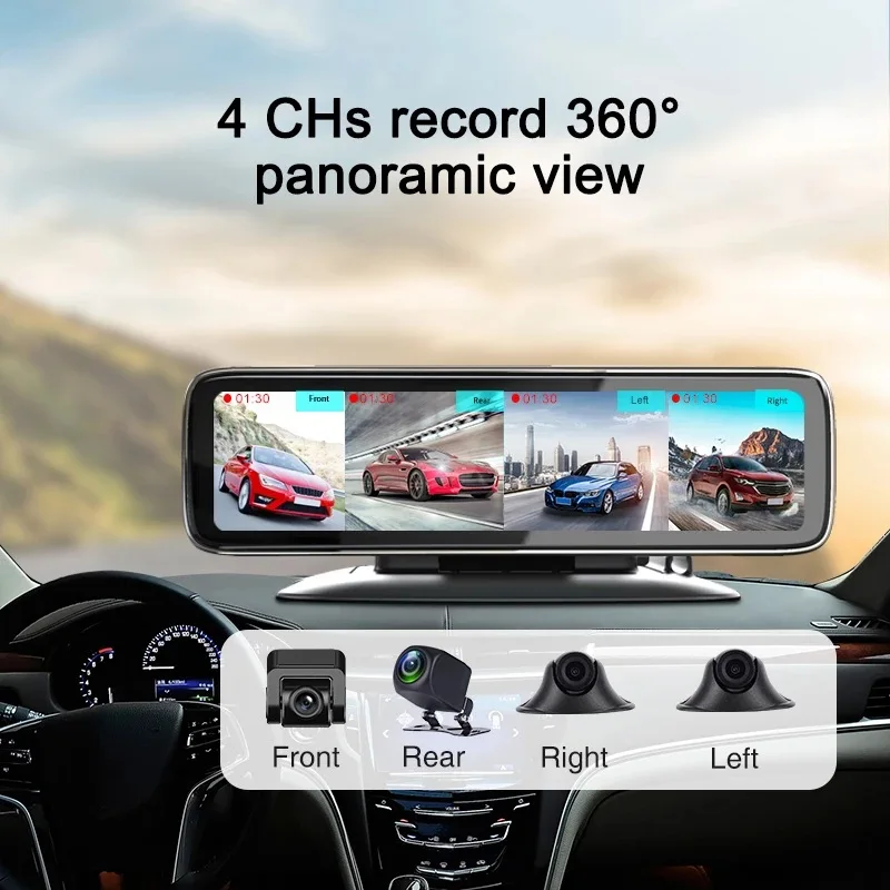Dash Cam DVR 12” 4 Cameras Night Vision Car Video Recorder FHD 2k Touch Screen 4 Screen Display 360° Panoramic Dashboard Car