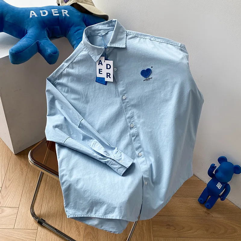 

Ader Error Shirt Y2k For Women and Men Clothing Embroidered Blue Love Shirts Loose Pure Cotton Streetwear Long Sleeve Top Spring