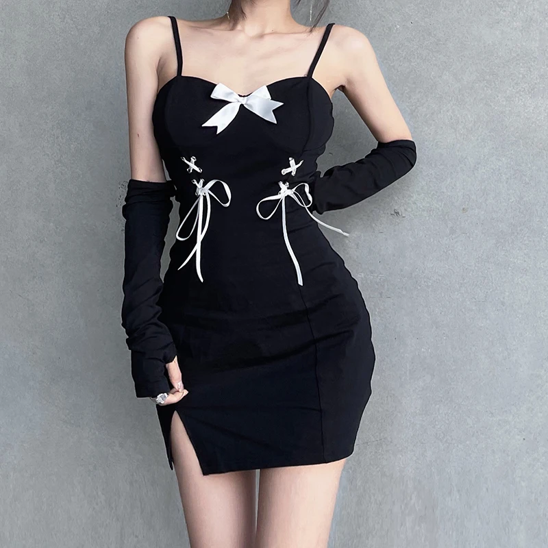 

2022 Charming Women 1- Piece Dress, Low Cut Sleeveless Bow Knot Cross Strap Tight Waist Thigh Long Dress with Sleeves