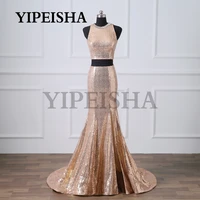 sexy o neck mermaid evening dresses side split glittery pink sequined long prom gown sleeveless sweep train party dress