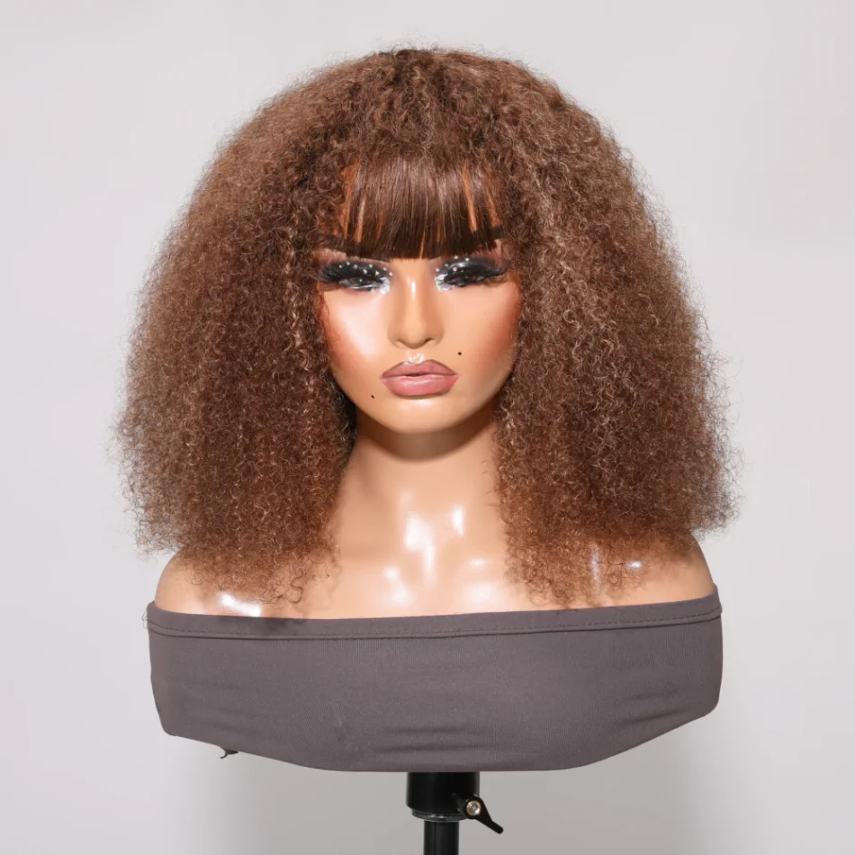 

Unice Hair Highlight Brown Bob Wig Short Remy Human Hair Wigs with Bang Afro Curly Air Cap Wigs for Women Hair Full Machine