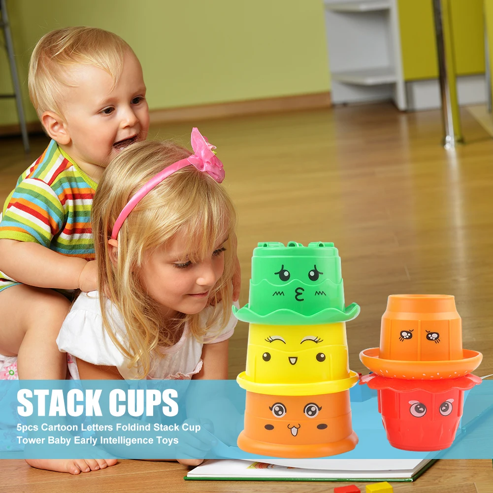 

5pcs Children Cartoon Letters Stacked Cup Tower Toddler Early Educational Bath Toys for Exercise Response Cognitive Color