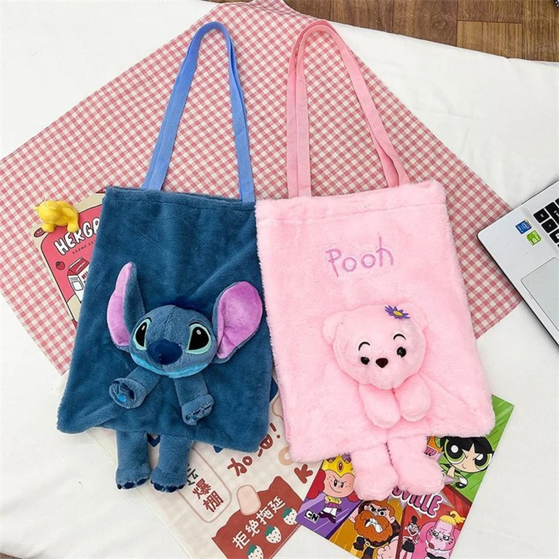 

Disney Pikachu Stitch Stellalou Winnie Cartoon Portable Plush Bag Large Capacity Cute Anime Shoulder Bag Girls Christmas Gifts