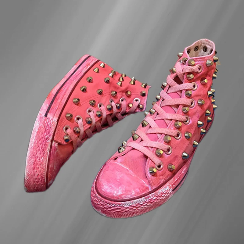 

High-top custom rivet canvas shoes hiphop classic personality washed shoes for men and women with large size 35-46