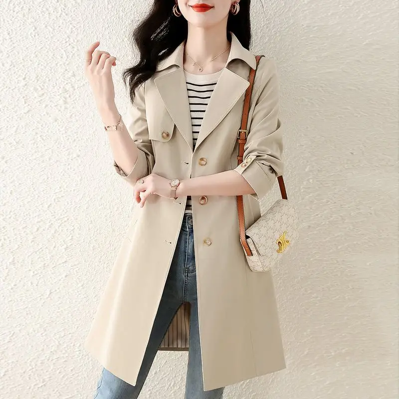 

Autumn Women Casual Double-breasted Slim Fitted Classic Midium Long Trench Coat with Belt Chic Female Windbreaker Outerwear A967