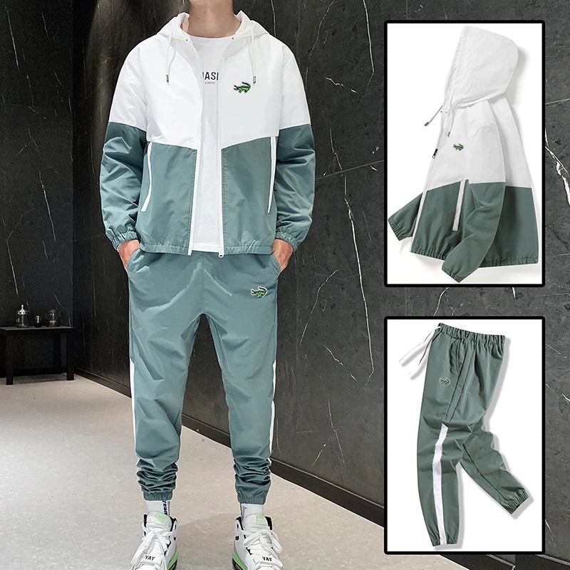 Fashion Casual Hip Hop Street Set Splice Men's Set Embroidery Spring and Autumn New Breathable Sports Hoodie Two Piece Pants