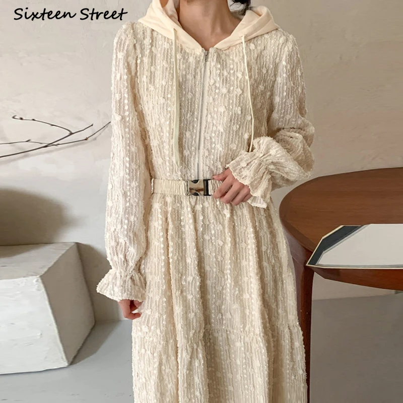 

Женское ажурное платье с капюшоном, элегантное корейское платье с поясом и длинным рукавом, весна 2022