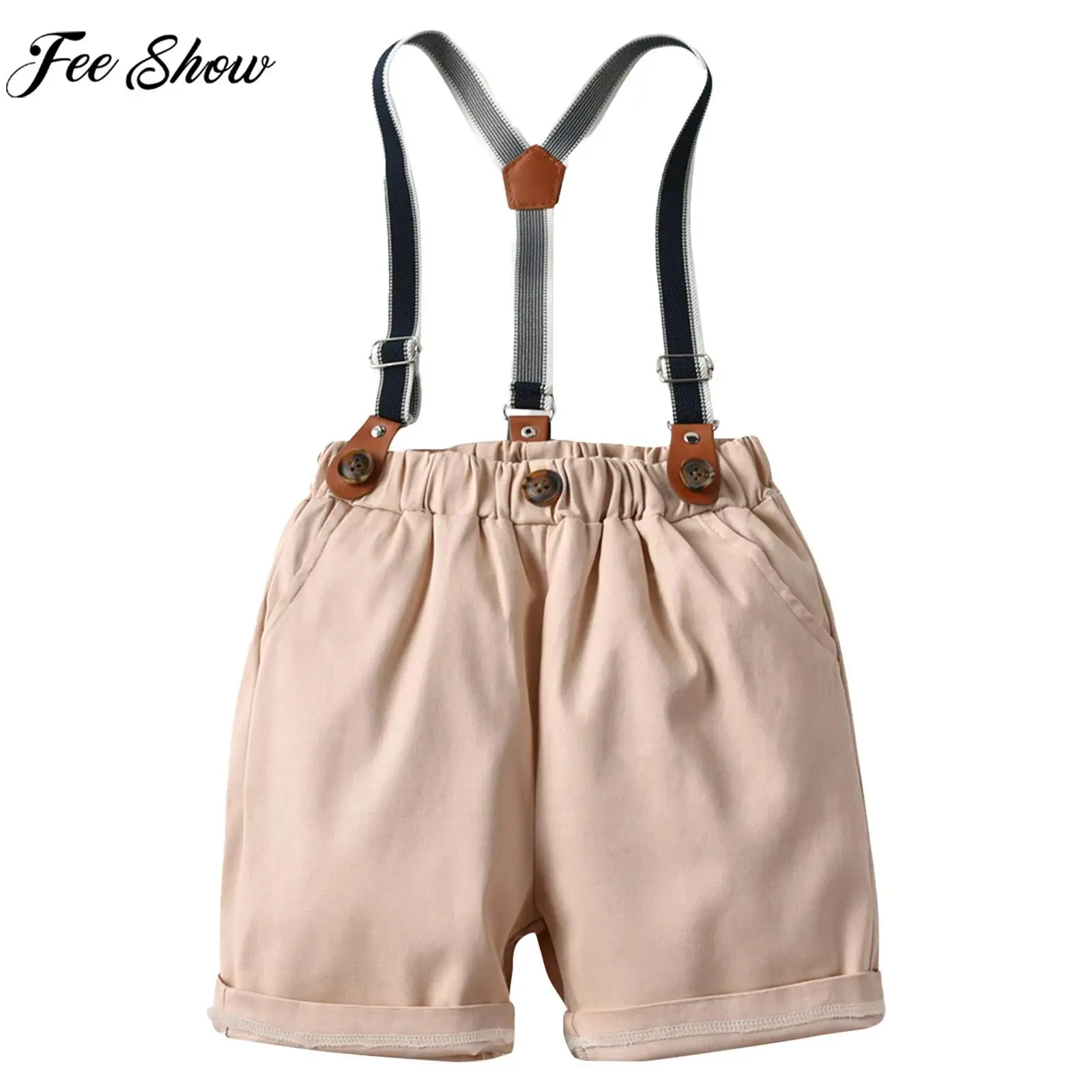 

Toddler Boys Preppy Style Gentleman Suspender Shorts Elastic Waistband Solid Casual Pants Loungewear Party Photography Clothing
