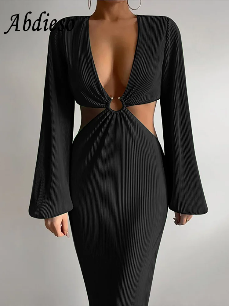 

Abdieso Sexy Deep V-neck Elegant Women Bodycon Dress Hollow Out Black 2022 Autumn Long Sleeve Midi Evening Party Dresses Robes