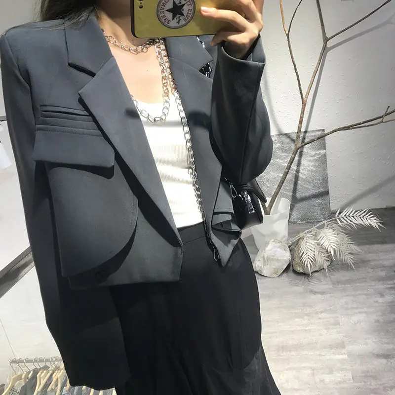 Elegant Chic Crop Suit Jacket for Women Long Sleeve Solid Color Short Blazer Outwear Ladies Korean Single Button Suit Top Grey