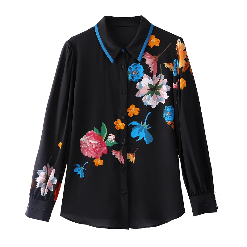 

Женская атласная рубашка-поло с длинным рукавом и цветочным принтом