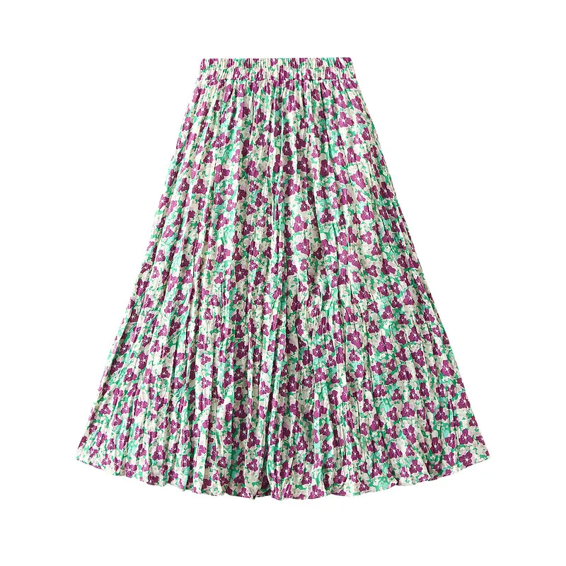 

2022 Spring New Arrival Bright Silky Pleated Skirt High Waist Faldas Largas Elegants Small Floral Print Skirts Vintage Skirts