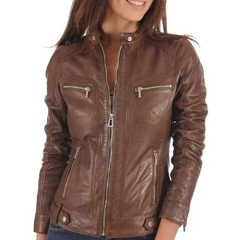 Basic Women Lambskin High Quality Leather Jacket Motorcycle Classic Brown Coat