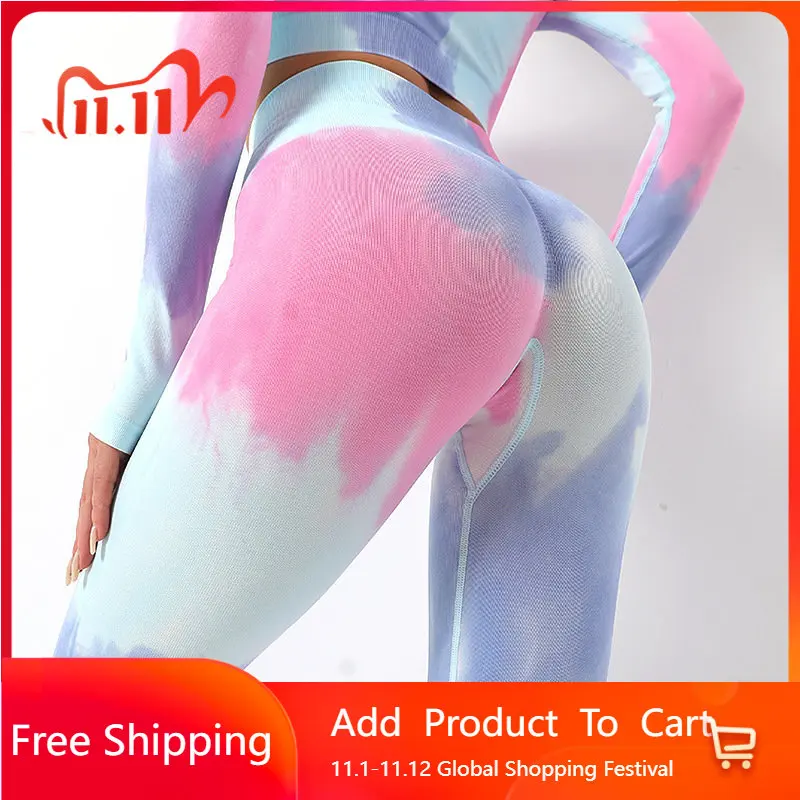 

New Seamless Yoga Pants Autumn and Winter Waist Closing Peach Hip Tie Dye Fast Dry Running Pants Fitness Pants