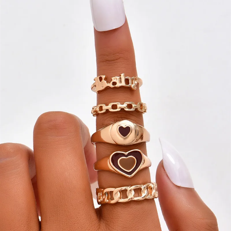 5 шт./компл. модный винтажный набор колец в форме сердца с золотым капанием милые