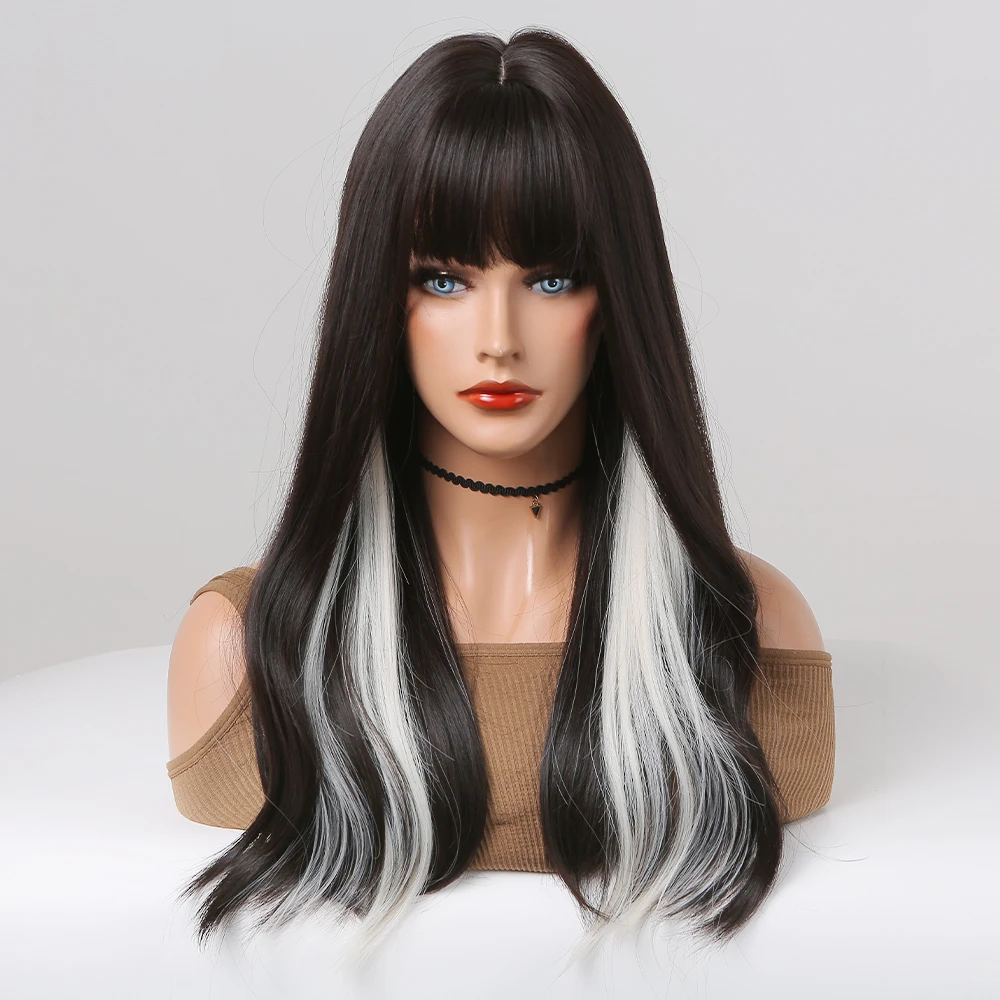 Long Natural Wavy Synthetic Wig Black Highlight White Wigs with Bangs for Women Cosplay Lolita Daily Party Heat Resistant Fibre