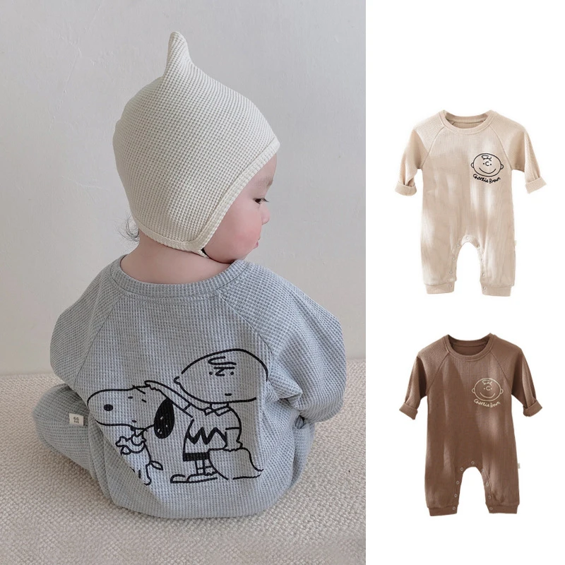 Baby Long Sleeve Romper for Boys Waffle Knitted Fabric Onesie Solid Baby Clothes Outfits 3-24M