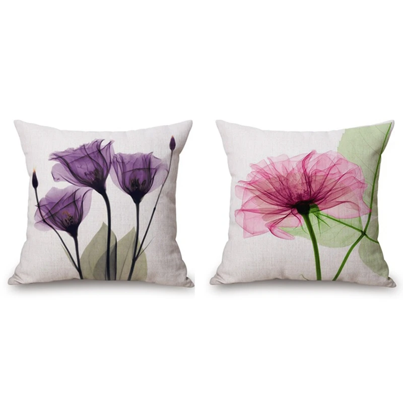 

2pcs 45x45Cm Modern Ink Painting Flower Flax Throw Pillow Case Waist Cushion Cover - Pink + Green & Purple