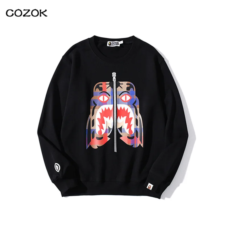 

Free shipping Men's and women's crew neck sweater shark head and tiger face print sweater Bape