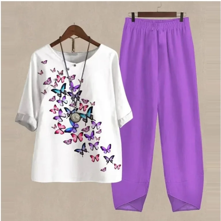 

Spring/Summer 2023 New Fashion Europe America Five-sleeve Print Top Solid Color Trousers Casual Elegance Women's Two-piece Set