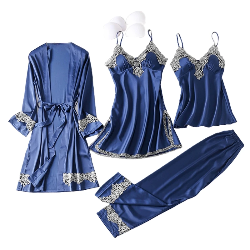 

Women Autumn Ice Silk 4 Pieces Pajamas Set Cami Top Long Pants Dress Robe Embroidery Lace Trim Sexy Sleepwear with Chest Pads