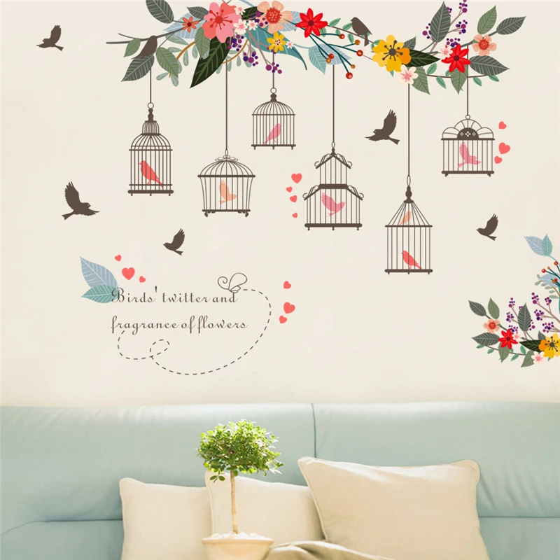 

Flower Vine Birds Flying Feathers Birdcage Wall Decal Home Decor Living Room Office Bedroom Pvc Wall Decals Diy Mural Art Poster