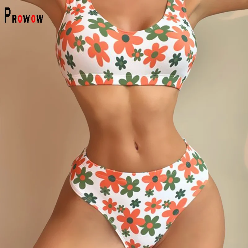 

Prowow Two Piece Separate Women Bikinis Set Flower Print Cute Summer Bathing Swimsuits 2023 New Design Female Beach Outfits