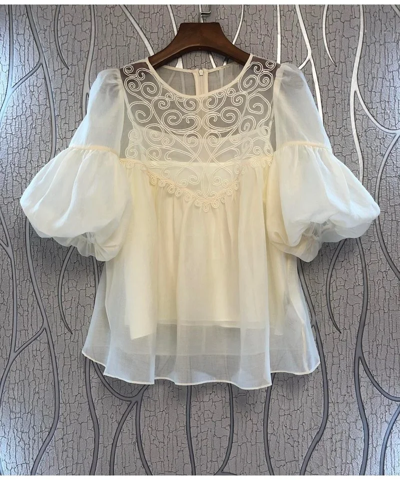 

Top Quality Cotton Blouses 2022 Summer Women Sexy Tulle Mesh Embroidery Lantern Sleeve Casual Beige Pink Large Size Tops Female