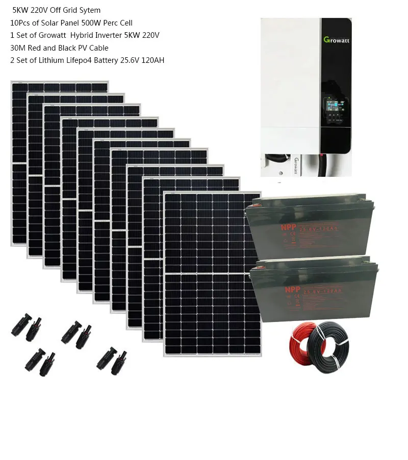 Solar System For Home Complete Kit 5KW 5000W 220V LiFePO4 Lithium 25.6V 120AH Battery Growatt Hybrid Inverter SPF5000ES Off Grid
