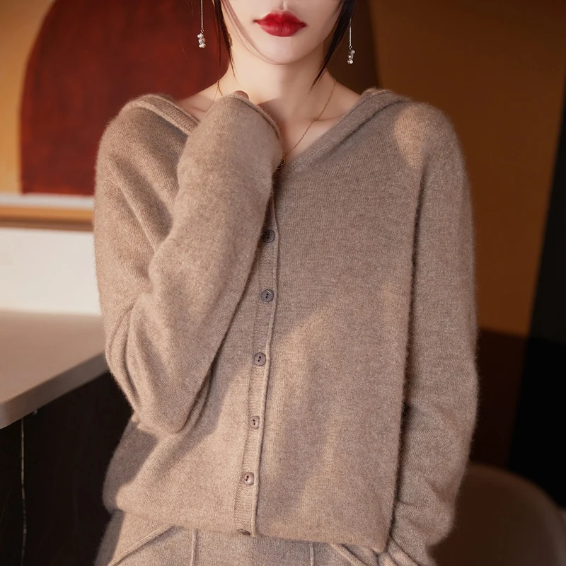 

100% pure wool women's cardigan autumn and winter cashmere sweater women's casual knitted hooded top women's jacket fashion