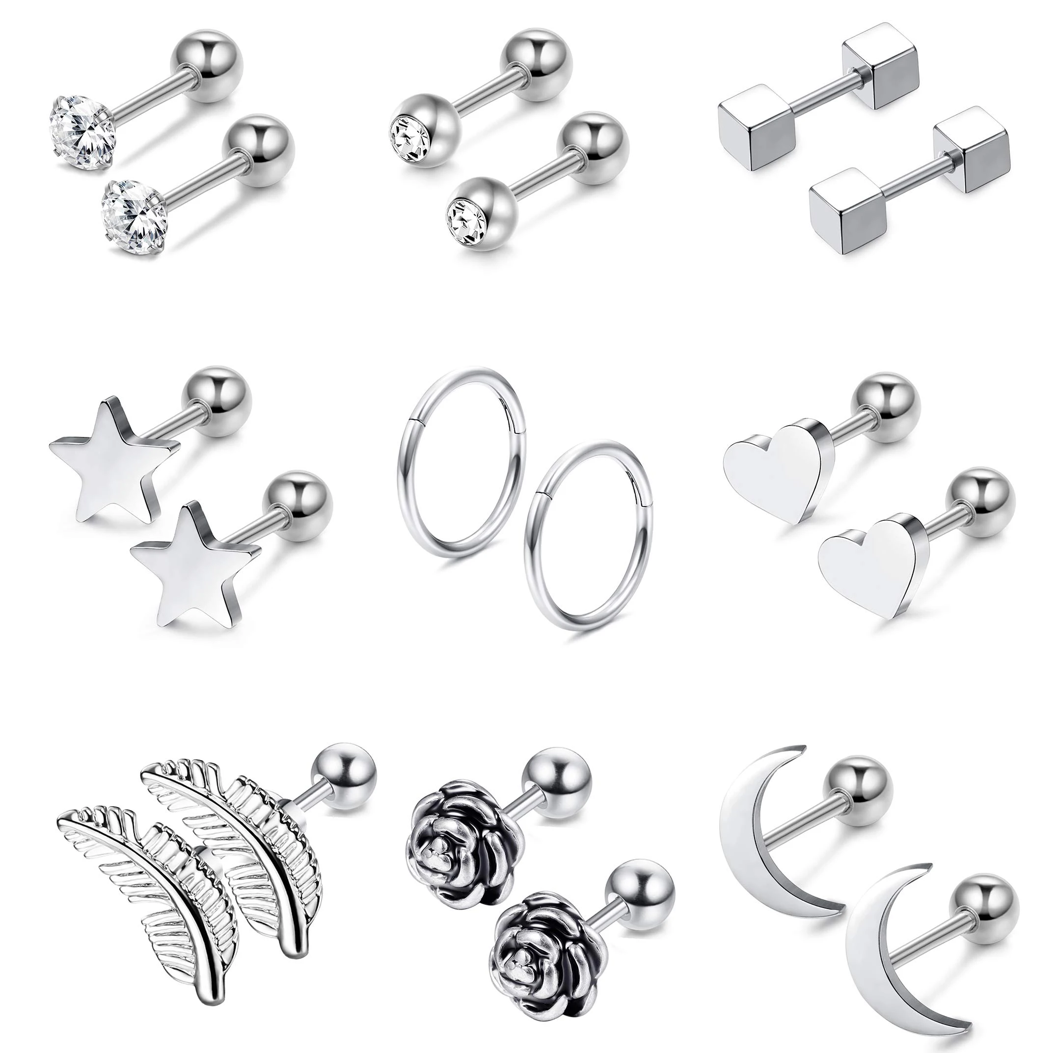 

9Pairs 316L Surgical Steel Ear Cartilage Stud Earrings for Men Women CZ Barbell Helix Tragus Stud Piercings Jewelry