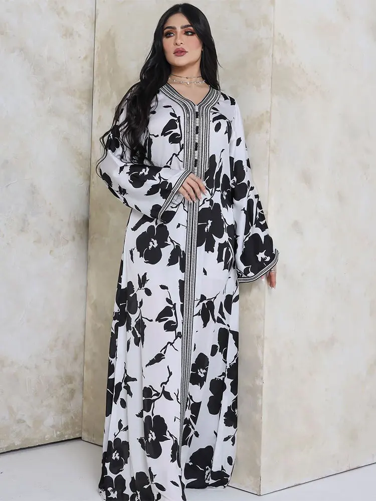 Printed Dress Moroccan Floral Kaftan Women Arabic Long Dresses Gulf Saudi Jalabiya Islam Dubai Muslim Loose Abaya White Black