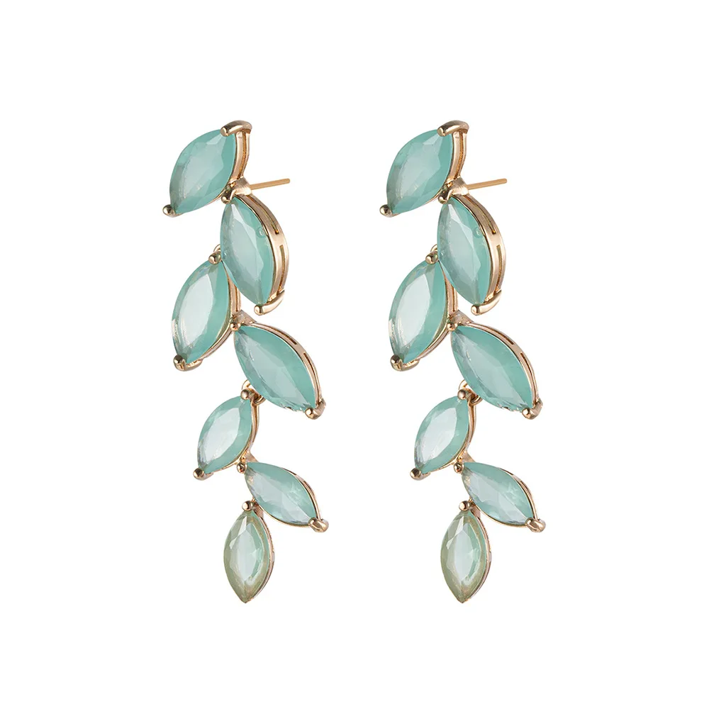 

LuxHoney Fashion Chic Gold Plated Willow Leaf Shape Dangle Earrings for Women OL with Mint Green Marquis Shape Zircon Inlaid