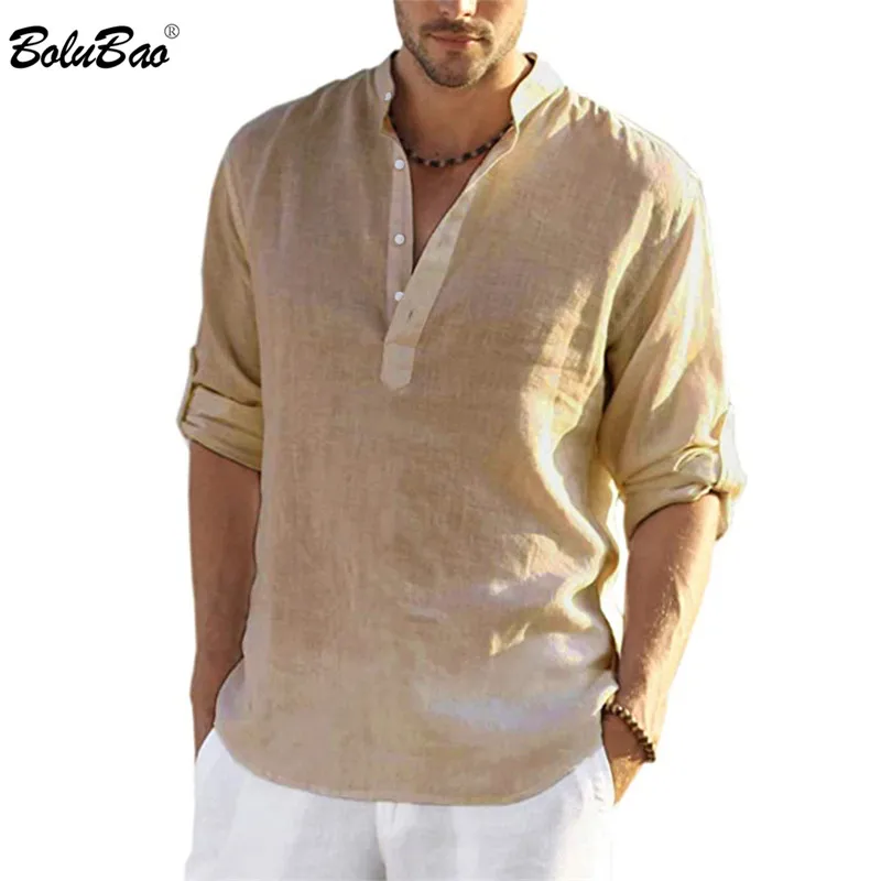 BOLUBAO  Men's Casual Blouse Cotton Linen T Shirt Loose Tops Long Sleeve Tee Shirt Spring Autumn Casual Handsome Men's T Shirts