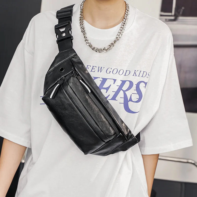 Sports PU Leather Men's Waist Bag Multifunction Crossbody Bag Casual Chest Bag Man Fanny Pack Business Black Shoulder Bag