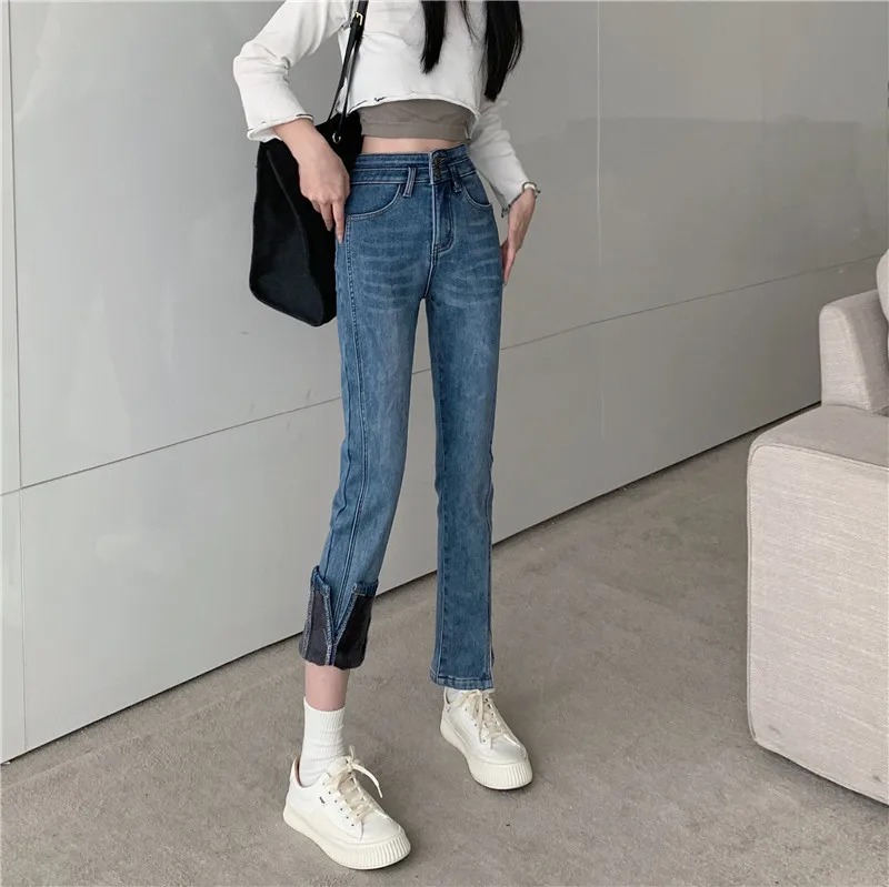 

DD2899 New straight leg jeans women's high-waisted slim cropped trousers jeans
