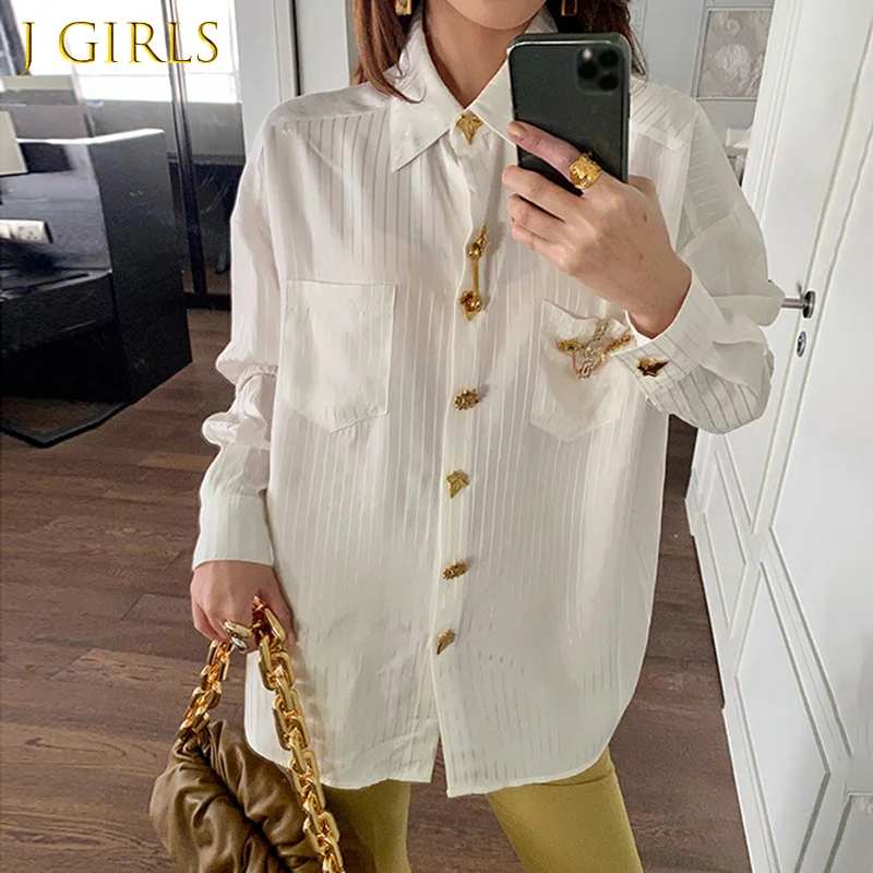 

Diamonds Striped Shirt For Women Lapel Long Sleeve Casual Loose One Size White Blouse Female 2020 Summer Fashion Clothes