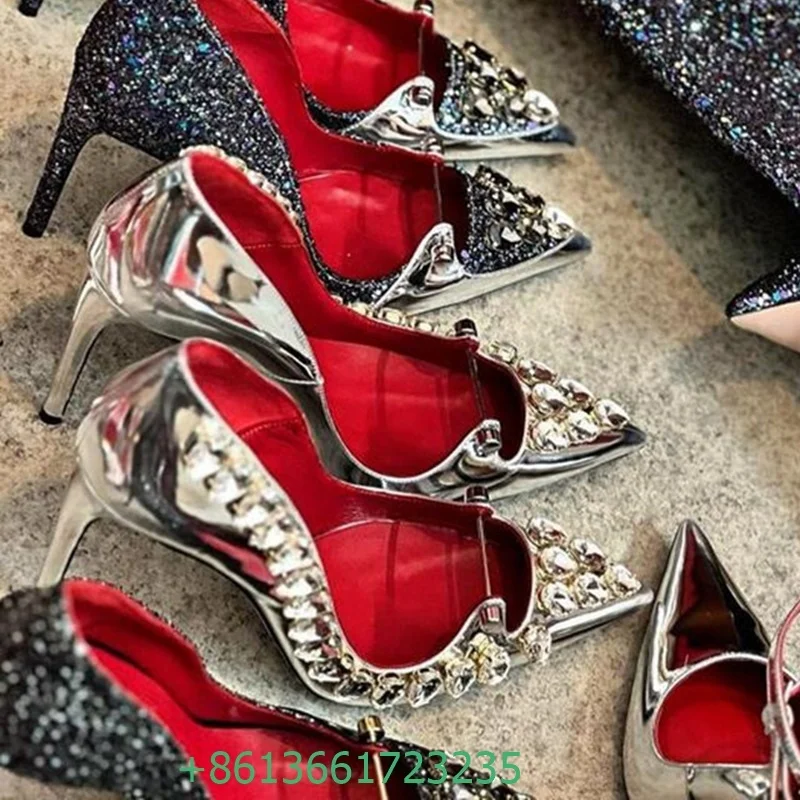 Сексуальные туфли-лодочки с большим бриллиантовым кристаллом и острым носком на