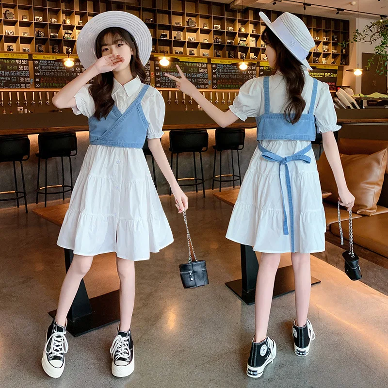 

Girls Clothing Set Summer Kids Outfits Sling Denim Vest & Shirt Dress 2Pcs Children Clothes Suits Teen Party Girl Costumes