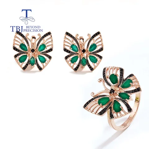 Серьги и кольцо с застежкой-бабочкой женские, Роскошные ювелирные украшения с натуральным зелёным агатом, Подарочная бижутерия на годовщину