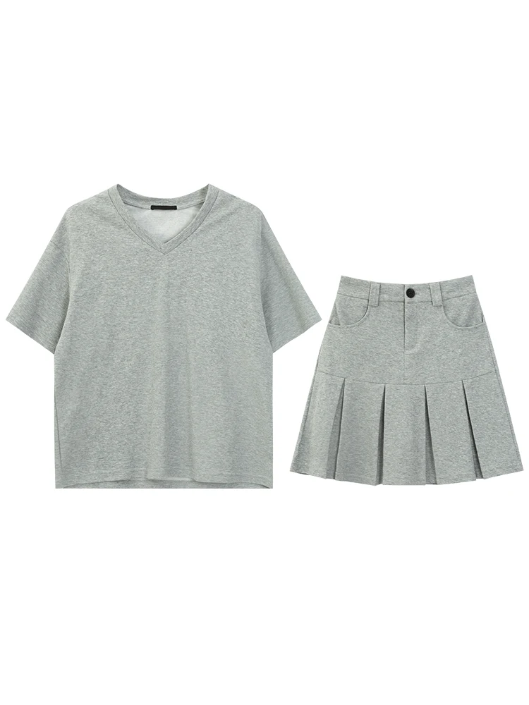 Loveheynew Fashion Idle Sle Dress Outfit Women Summer V-neck Slimming Short sleeve T-shirt Skirt Two-piece Set |