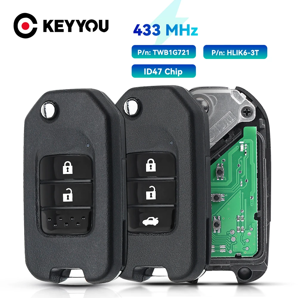 

KEYYOU 2/3BTN Remote Key for Honda Civic Accord City CR-V Jazz XR-V Vezel HR-V FRV Spirior JADE 433MHz HLIK6-3T / TWB1G721